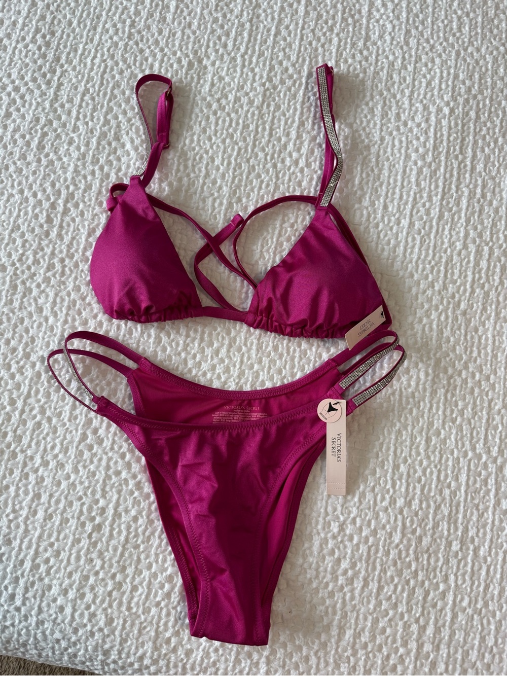 Victoria's Secret Hot Pink Triangle Bikini Set with Rhinestone Straps